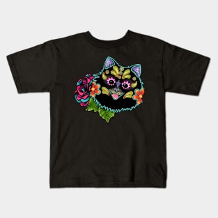 Pomeranian in Black - Day of the Dead Sugar Skull Dog Kids T-Shirt